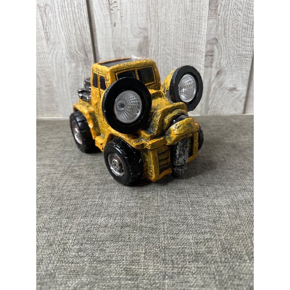 Rustic Yellow Black Bulldozer Solar LED Headlights Garden Statue Outdoor Pathway